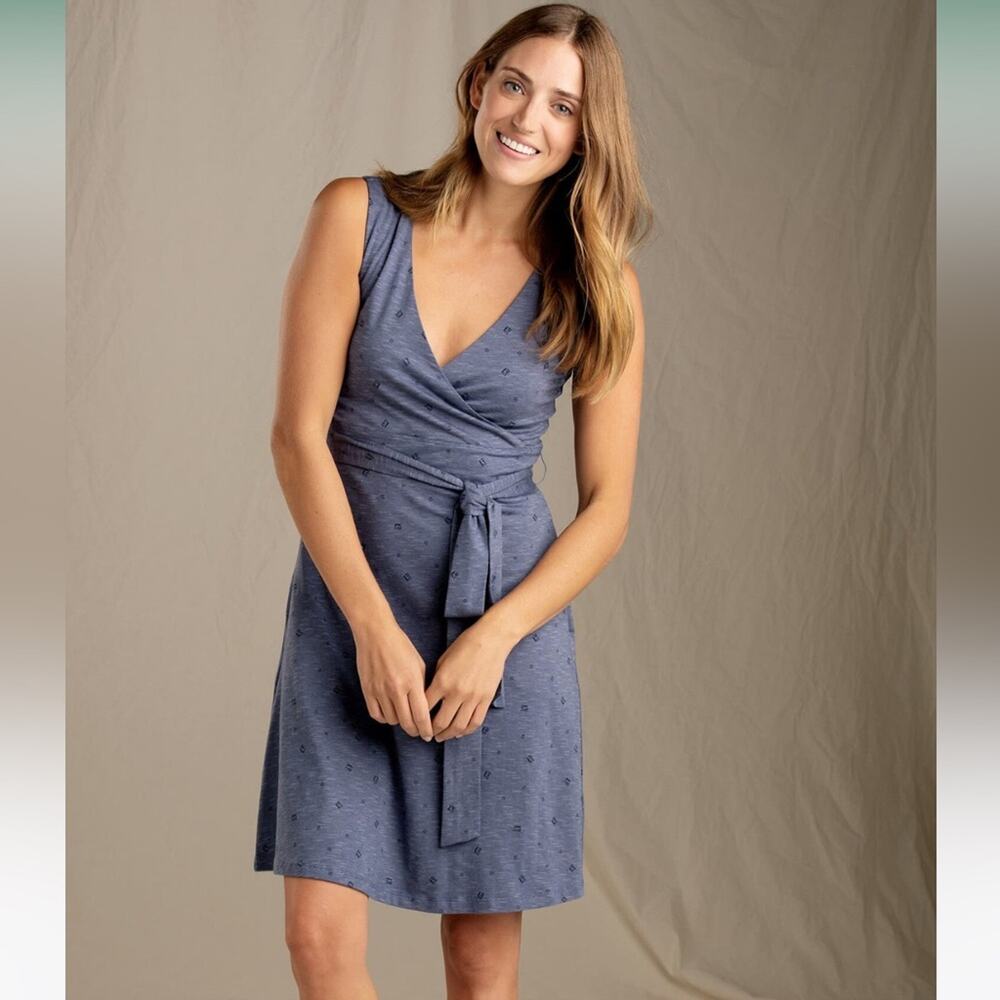 Sleeveless Blue Wrap Dress with Tie Waist